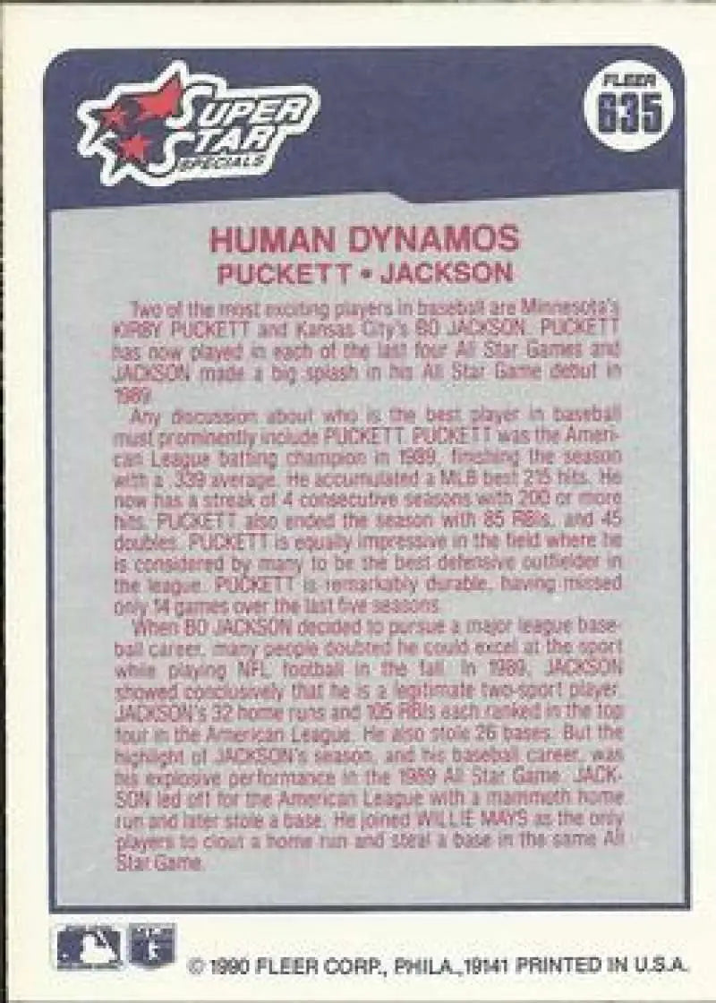 1990 Fleer #635 Kirby Puckett/Bo Jackson NM-MT Minnesota Twins/Kansas City Royals Baseball Card - Baseball Card Single