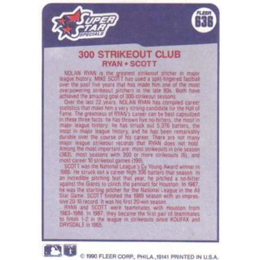 1990 Fleer #636 Nolan Ryan/Mike Scott 300 Strikeout Club NM-MT Texas Rangers/Houston Astros Baseball Card Image 2