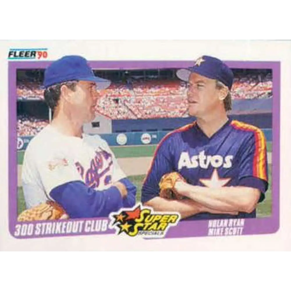 1990 Fleer #636 Nolan Ryan/Mike Scott 300 Strikeout Club NM-MT Texas Rangers/Houston Astros Baseball Card Image 1