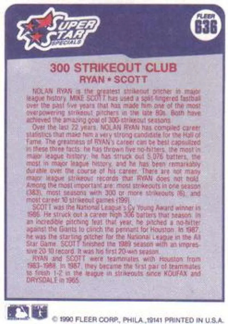 1990 Fleer #636 Nolan Ryan/Mike Scott NM-MT Texas Rangers/Houston Astros Baseball Card - Baseball Card Single