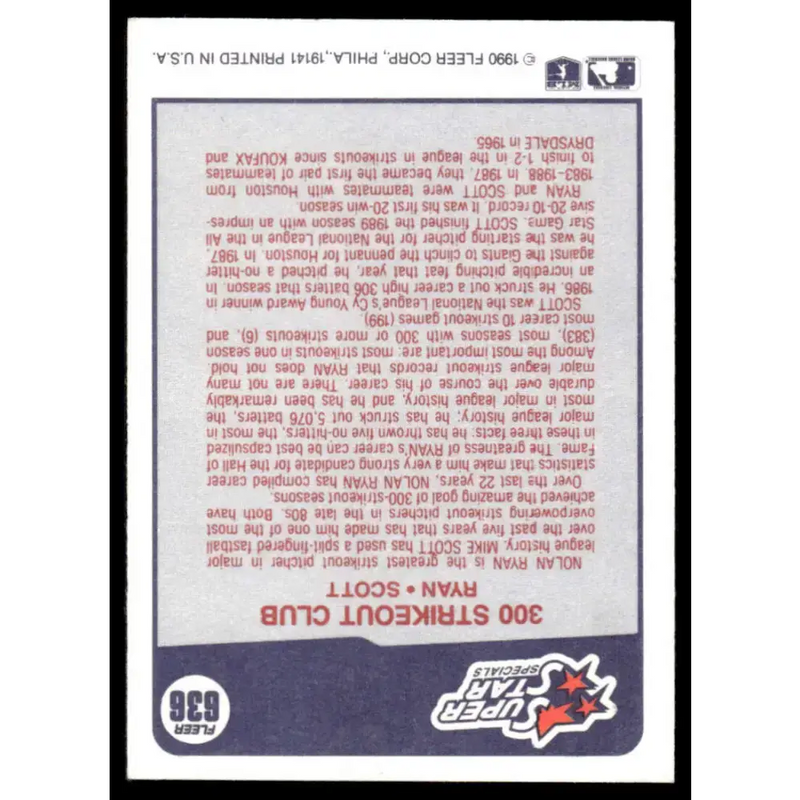 1990 Fleer #636 Nolan Ryan / Mike Scott SSS EX/NM Rangers / Astros Baseball Card - Baseball Card Single