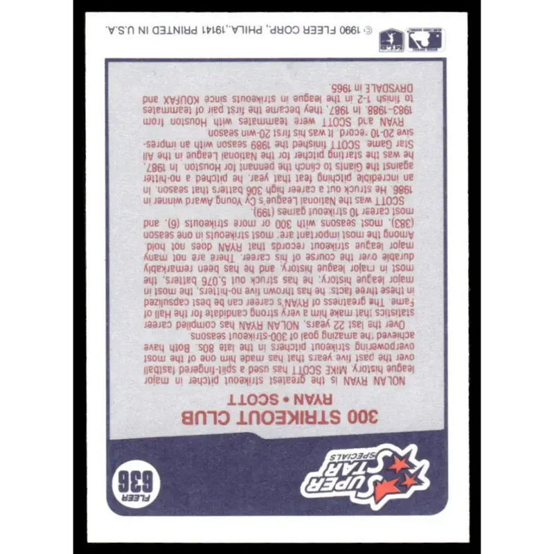 1990 Fleer #636 Nolan Ryan / Mike Scott SSS EX/NM Rangers / Astros Baseball Card - Baseball Card Single