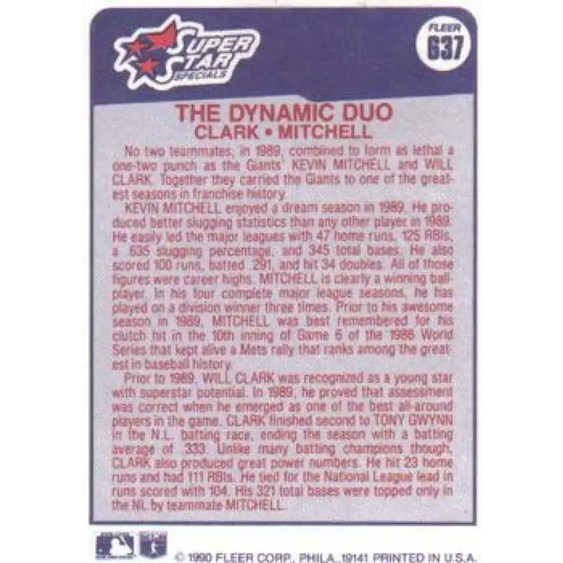 1990 Fleer #637 Will Clark/Kevin Mitchell The Dynamic Duo NM-MT San Francisco Giants Baseball Card - Baseball Card