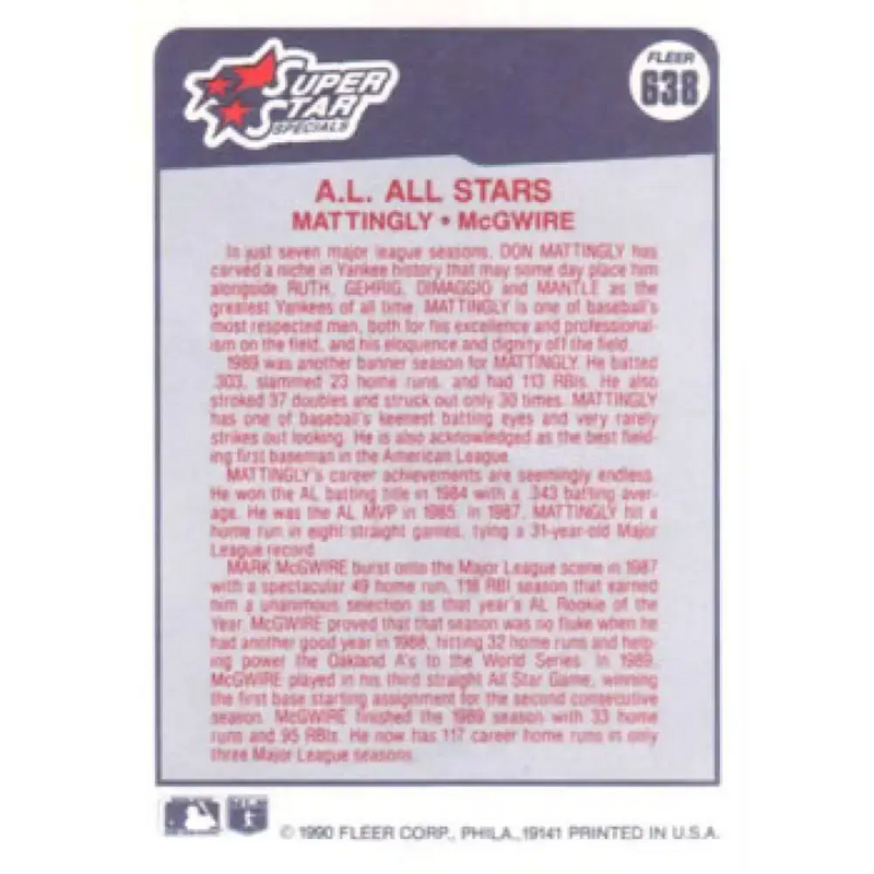 1990 Fleer #638 Don Mattingly/Mark McGwire A.L. All-Stars NM-MT New York Yankees/Oakland Athletics Baseball Card