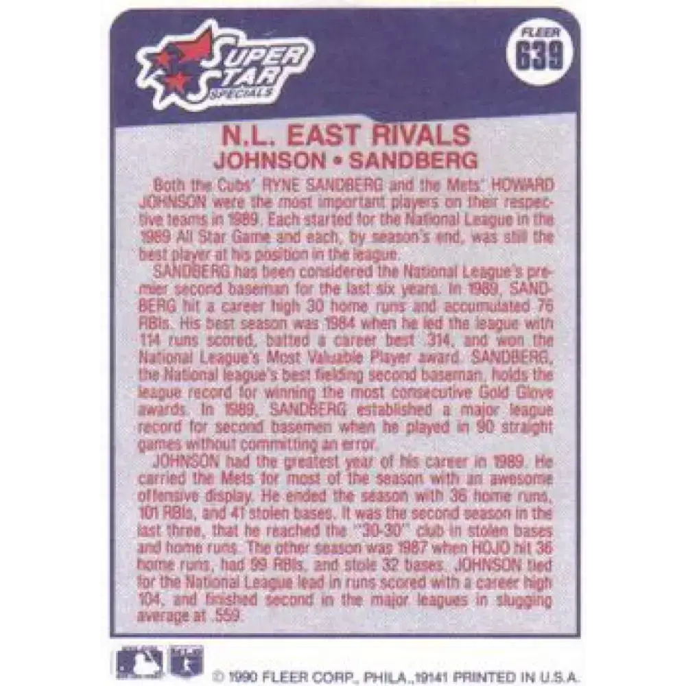 1990 Fleer #639 Howard Johnson/Ryne Sandberg N.L. East Rivals NM-MT New York Mets/Chicago Cubs Baseball Card - Baseball