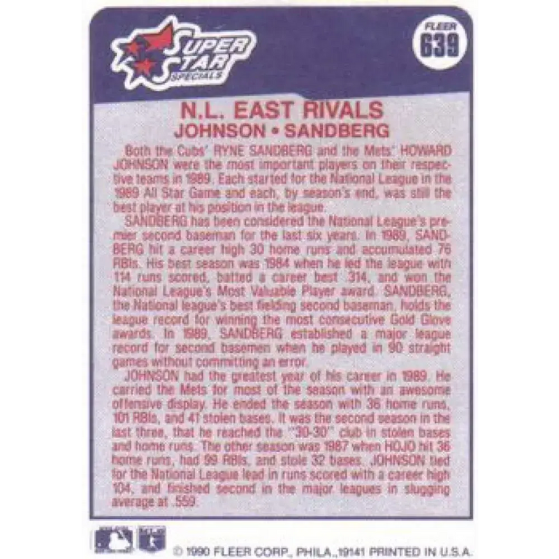 1990 Fleer #639 Howard Johnson/Ryne Sandberg N.L. East Rivals NM-MT New York Mets/Chicago Cubs Baseball Card - Baseball