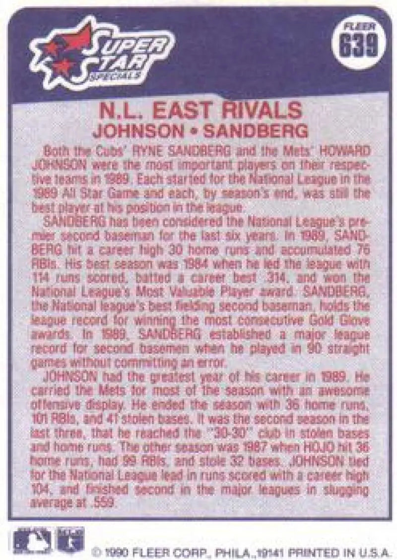 1990 Fleer #639 Howard Johnson/Ryne Sandberg NM-MT New York Mets/Chicago Cubs Baseball Card - Baseball Card Single