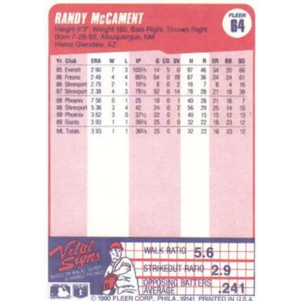 1990 Fleer #64 Randy McCament NM-MT RC Rookie San Francisco Giants Baseball Card - Baseball Card Single