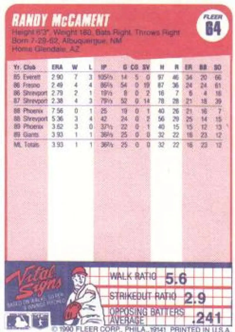 1990 Fleer #64 Randy McCament NM-MT RC Rookie San Francisco Giants Baseball Card - Baseball Card Single