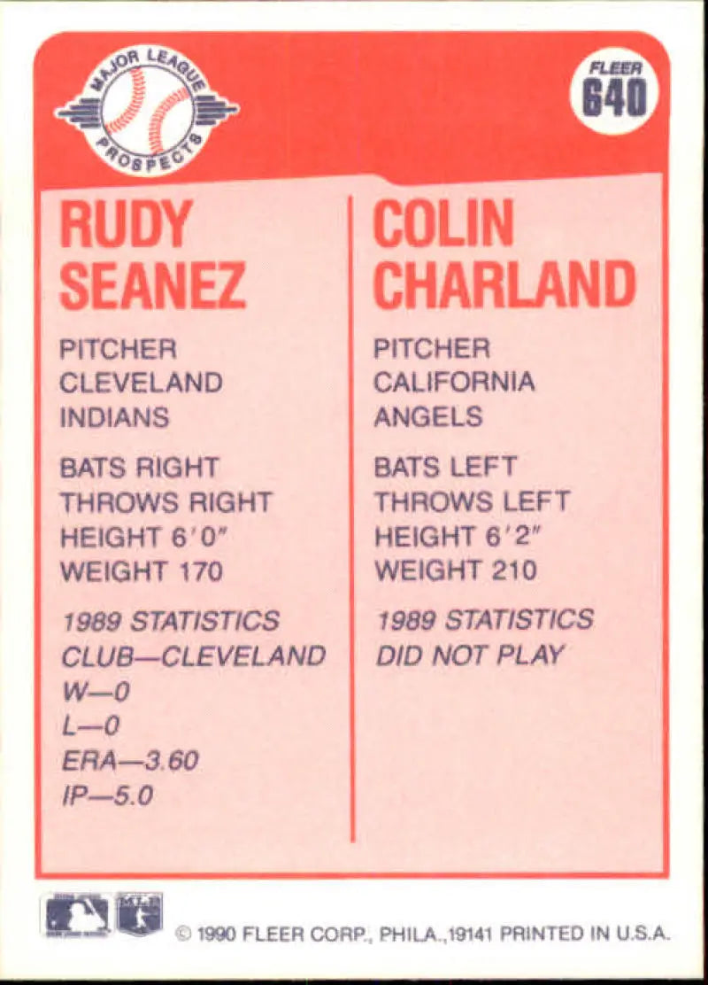 1990 Fleer #640 Rudy Seanez/Colin Charland NM-MT RC Rookie Cleveland Indians/California Angels Baseball Card