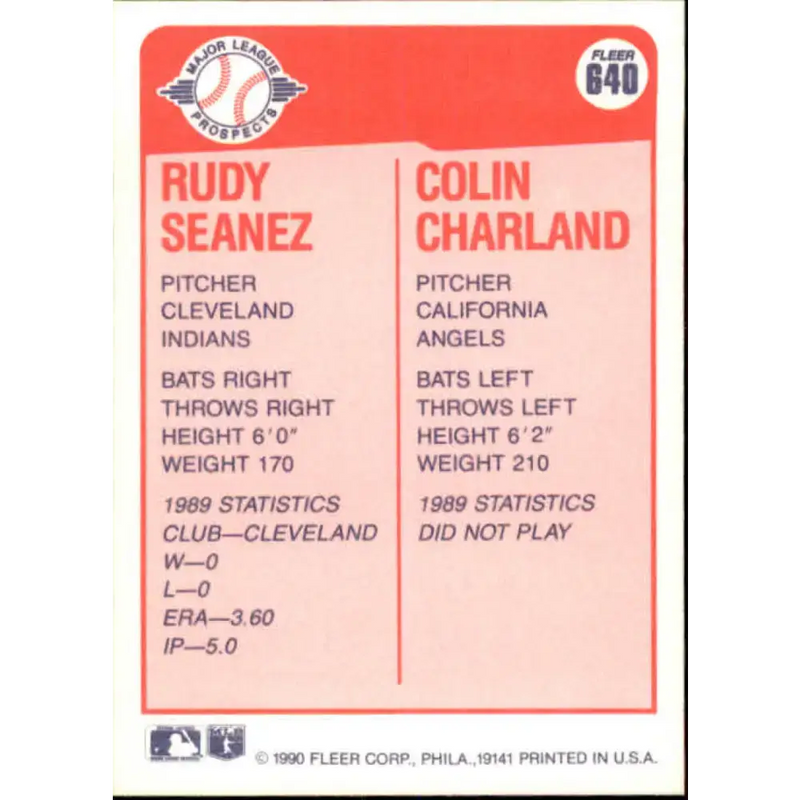 1990 Fleer #640 Rudy Seanez/Colin Charland NM-MT RC Rookie Cleveland Indians/California Angels Baseball Card - Baseball