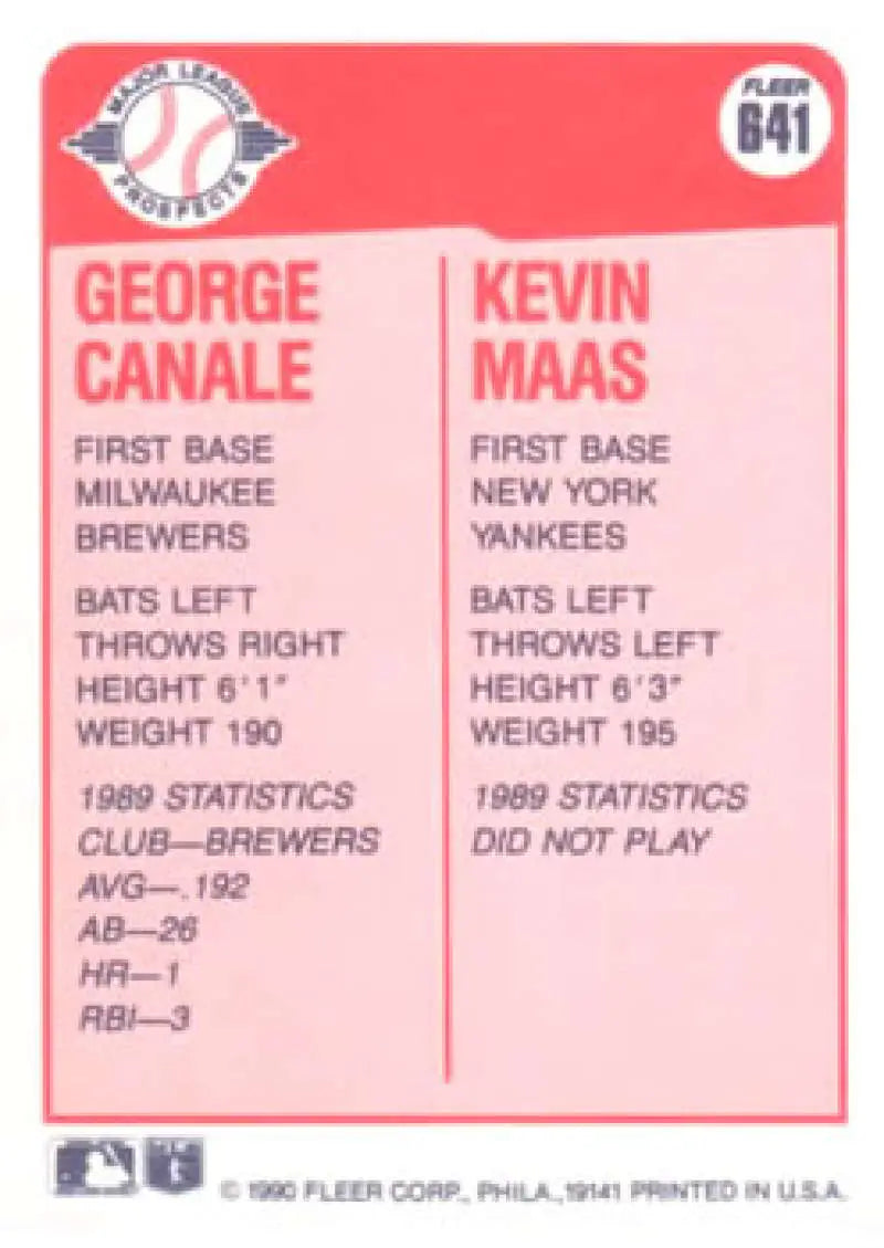1990 Fleer #641 George Canale/Kevin Maas NM-MT RC Rookie Milwaukee Brewers/New York Yankees Baseball Card - Baseball