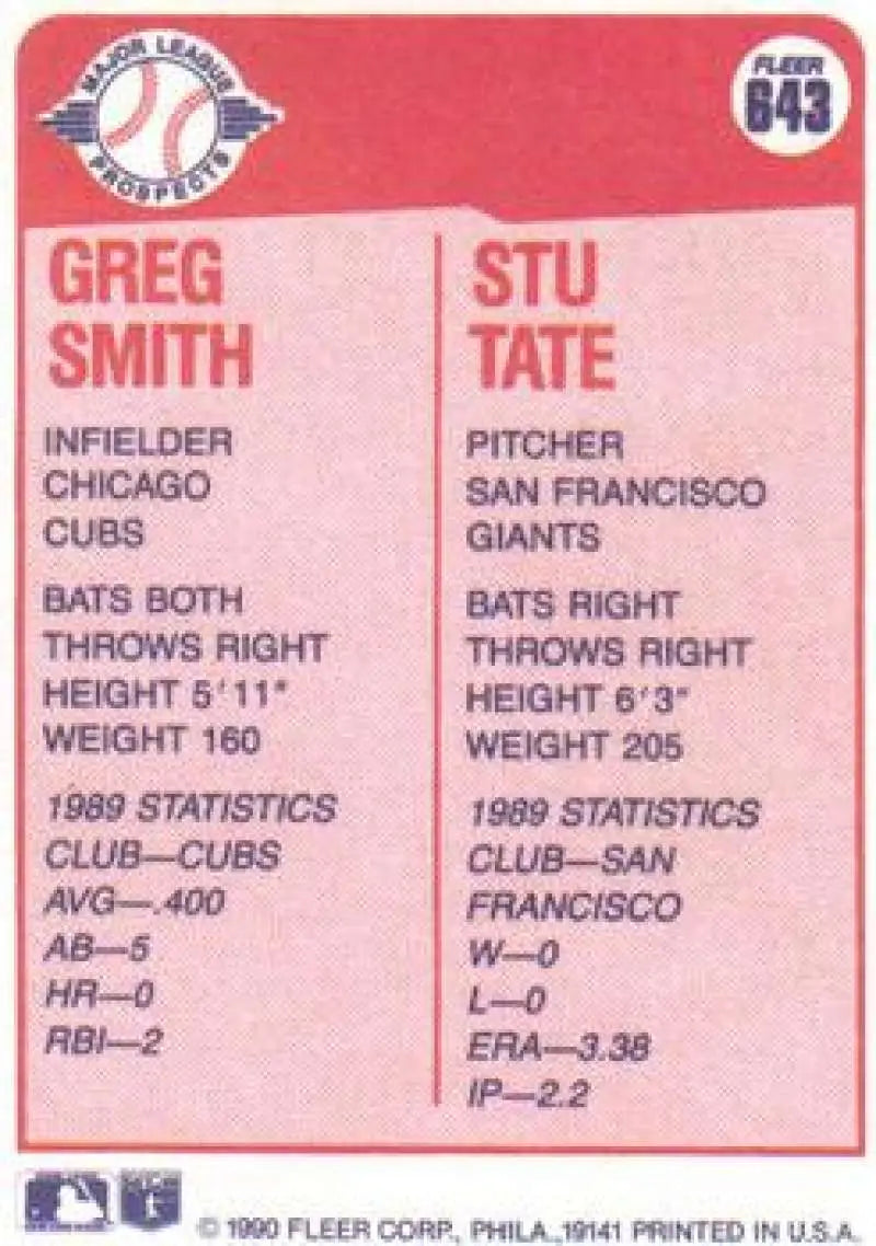 1990 Fleer #643 Greg Smith/Stu Tate NM-MT RC Rookie Chicago Cubs/San Francisco Giants Baseball Card - Baseball Card