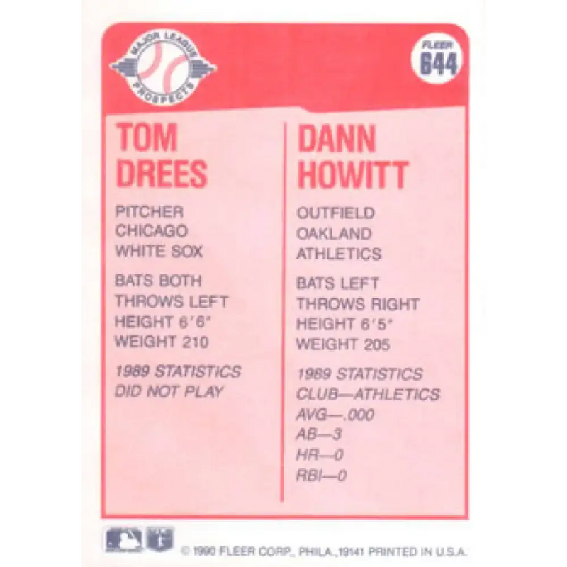 1990 Fleer #644 Tom Drees/Dann Howitt NM-MT RC Rookie Chicago White Sox/Oakland Athletics Baseball Card - Baseball Card