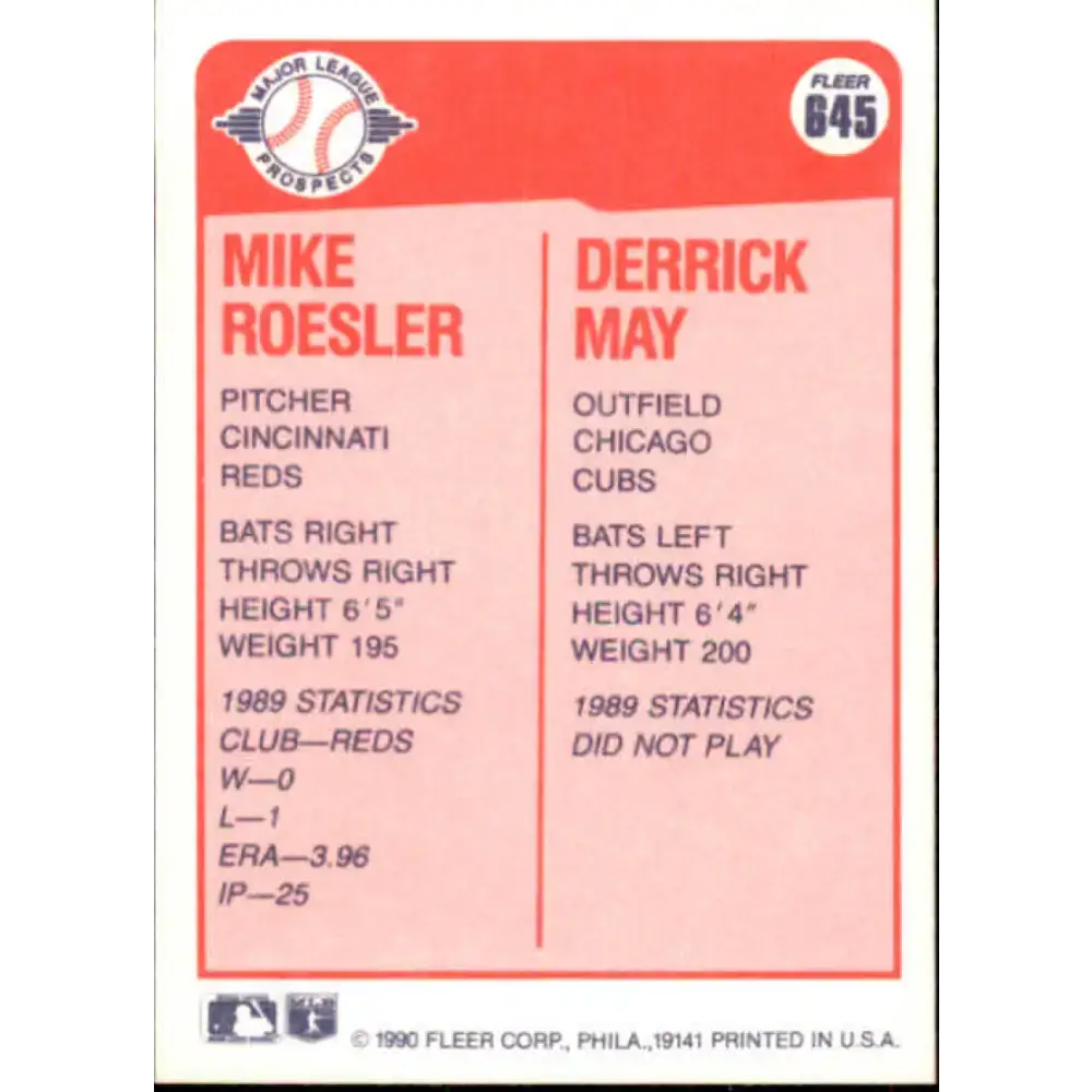 1990 Fleer #645 Mike Roesler/Derrick May NM-MT RC Rookie Cincinnati Reds/Chicago Cubs Baseball Card - Baseball Card