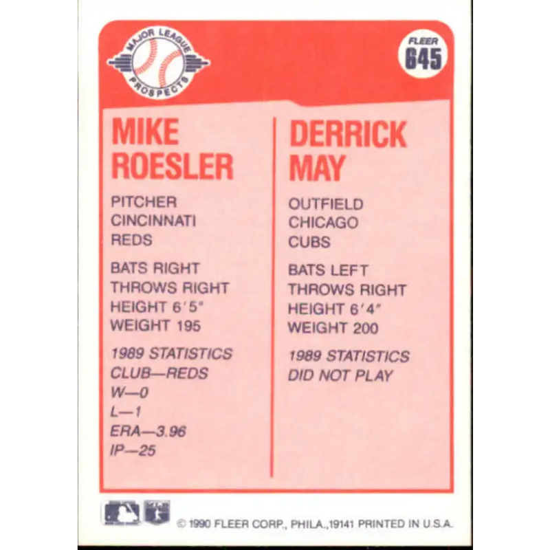 1990 Fleer #645 Mike Roesler/Derrick May NM-MT RC Rookie Cincinnati Reds/Chicago Cubs Baseball Card - Baseball Card