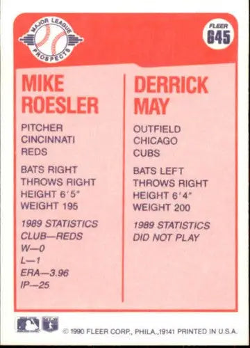 1990 Fleer #645 Mike Roesler/Derrick May NM-MT RC Rookie ID:21813 - Baseball Card Single