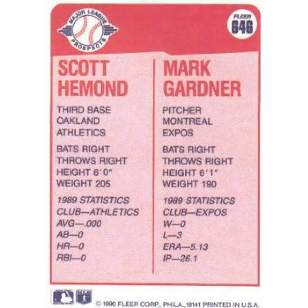 1990 Fleer #646 Scott Hemond/Mark Gardner NM-MT RC Rookie Oakland Athletics/Montreal Expos Baseball Card - Baseball
