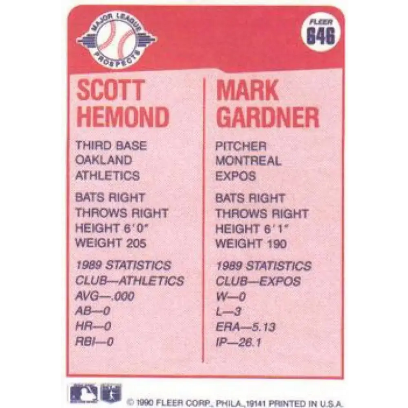 1990 Fleer #646 Scott Hemond/Mark Gardner NM-MT RC Rookie Oakland Athletics/Montreal Expos Baseball Card - Baseball