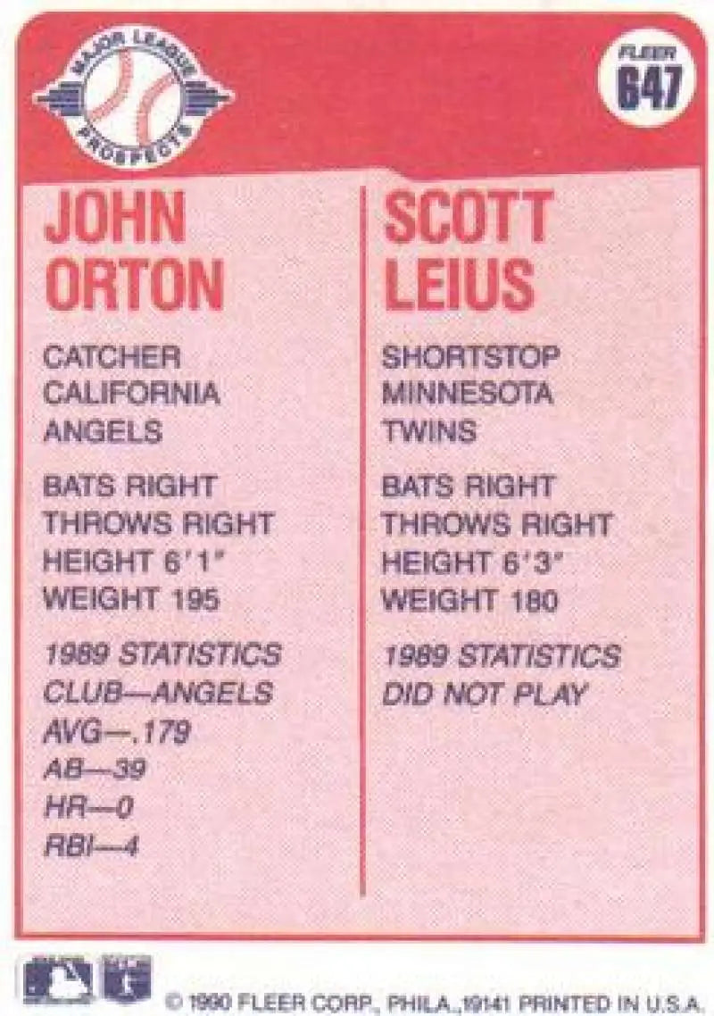 1990 Fleer #647 John Orton/Scott Leius NM-MT RC Rookie California Angels/Minnesota Twins Baseball Card - Baseball Card