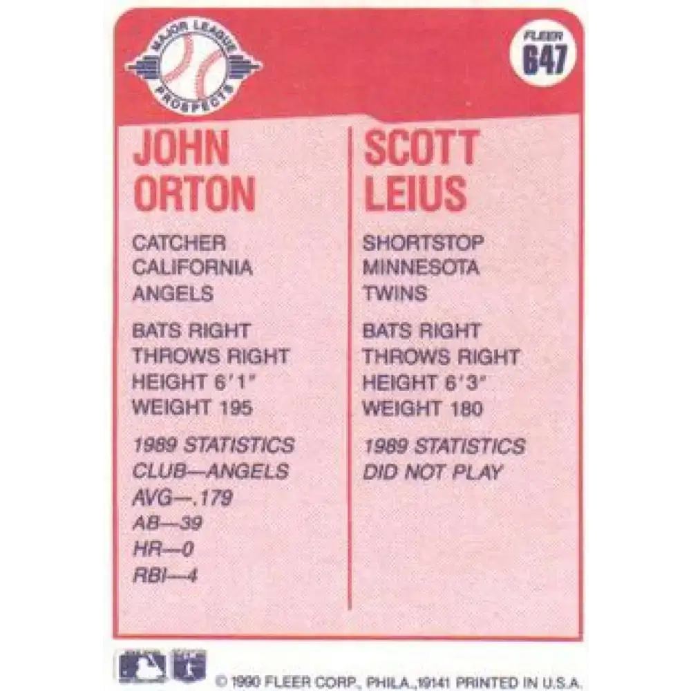 1990 Fleer #647 John Orton/Scott Leius NM-MT RC Rookie California Angels/Minnesota Twins Baseball Card - Baseball Card