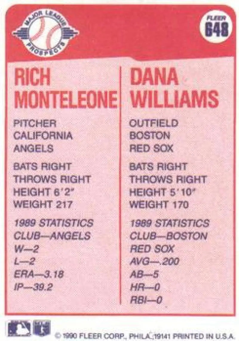 1990 Fleer #648 Rich Monteleone/Dana Williams NM-MT RC Rookie California Angels/Boston Red Sox Baseball Card - Baseball