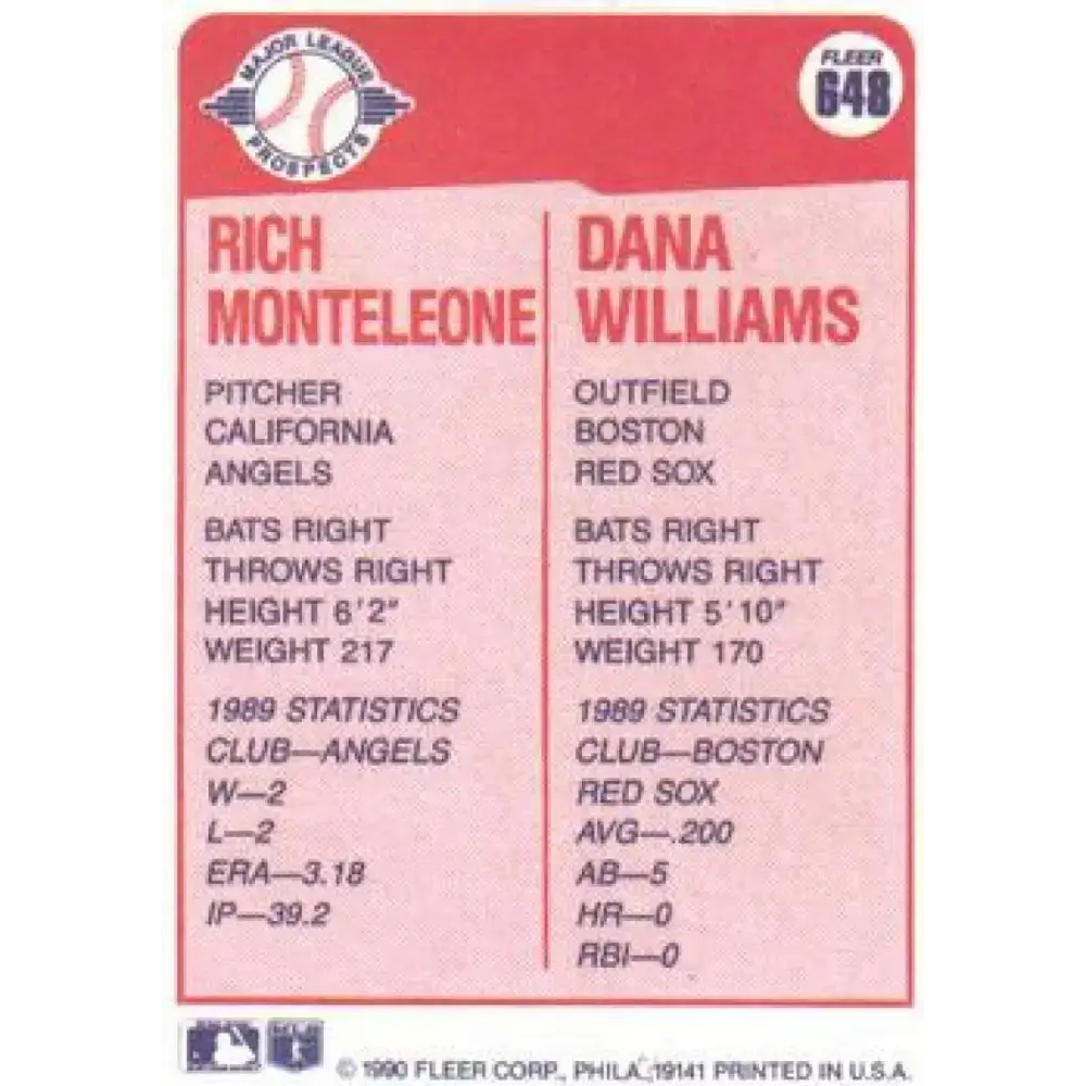 1990 Fleer #648 Rich Monteleone/Dana Williams NM-MT RC Rookie California Angels/Boston Red Sox Baseball Card - Baseball