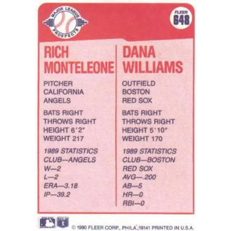 1990 Fleer #648 Rich Monteleone/Dana Williams NM-MT RC Rookie California Angels/Boston Red Sox Baseball Card - Baseball