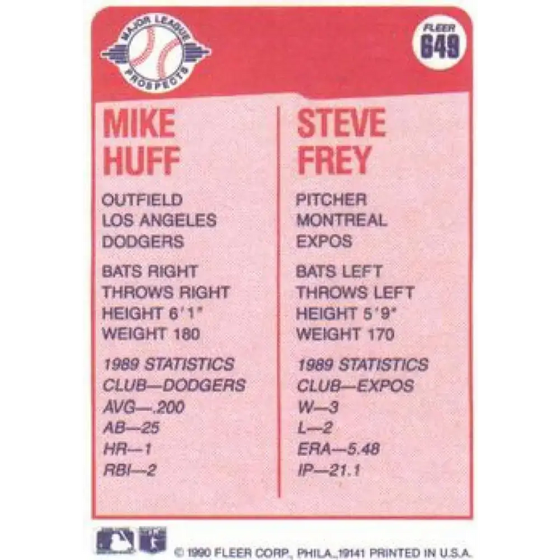 1990 Fleer #649 Mike Huff/Steve Frey NM-MT RC Rookie Los Angeles Dodgers/Montreal Expos Baseball Card - Baseball Card