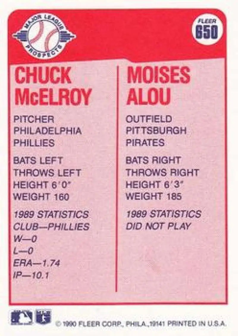 1990 Fleer #650 Chuck McElroy/Moises Alou NM-MT RC Rookie Pittsburgh Pirates/Philadelphia Phillies Baseball Card