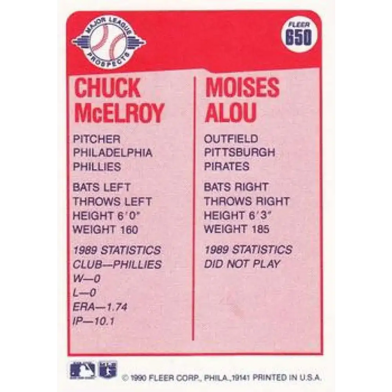 1990 Fleer #650 Chuck McElroy/Moises Alou NM-MT RC Rookie Pittsburgh Pirates/Philadelphia Phillies Baseball Card