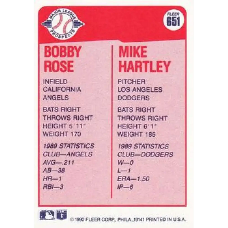 1990 Fleer #651 Bobby Rose/Mike Hartley NM-MT RC Rookie California Angels/Los Angeles Dodgers Baseball Card - Baseball