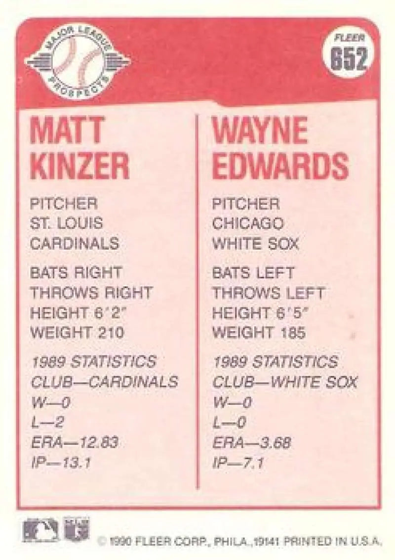 1990 Fleer #652 Matt Kinzer/Wayne Edwards NM-MT RC Rookie St. Louis Cardinals/Chicago White Sox Baseball Card