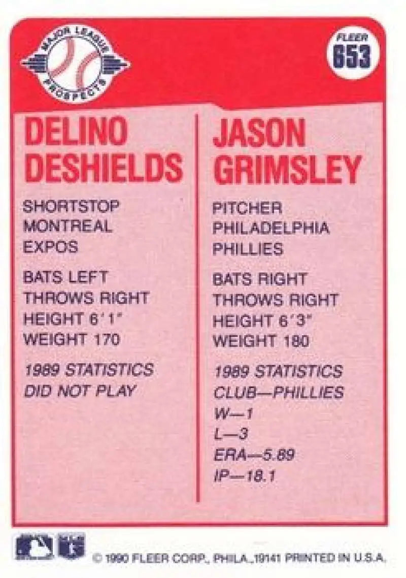 1990 Fleer #653 Delino DeShields/Jason Grimsley NM-MT RC Rookie Philadelphia Phillies/Montreal Expos Baseball Card