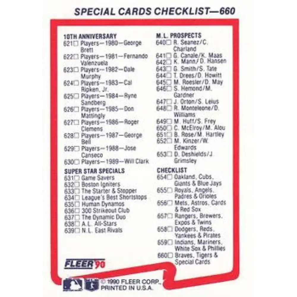 1990 Fleer #660 Braves/Tigers-Specials/Checklists CL NM-MT Atlanta Braves/Detroit Tigers Baseball Card - Baseball Card