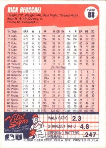 Original gloss 1990 Fleer Rick Reuschel baseball card featuring Giants, cards typically sell