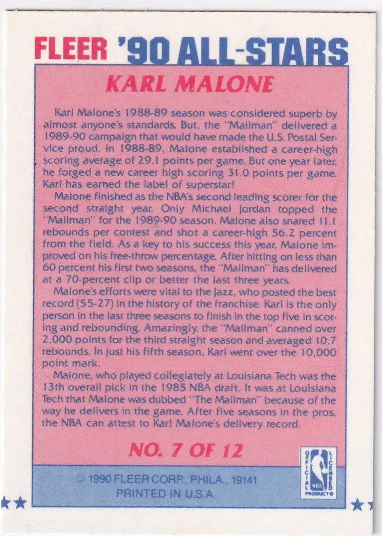 1990 FLEER #7 KARL MALONE ALL STAR- UTAH JAZZ - Basketball Card Single
