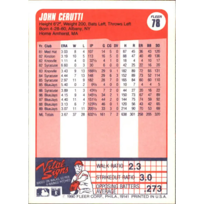 1990 Fleer #78 John Cerutti NM-MT Toronto Blue Jays Baseball Card - Baseball Card Single