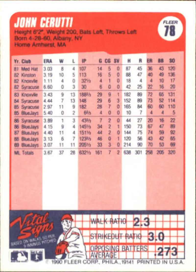 1990 Fleer #78 John Cerutti NM-MT Toronto Blue Jays Baseball Card - Baseball Card Single