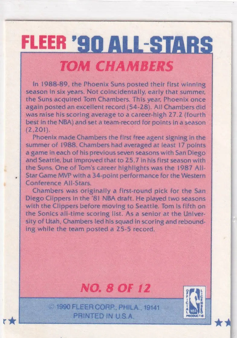 1990 FLEER #8 TOM CHAMBERS ALL STARS- PHOENIX SUNS - Basketball Card Single