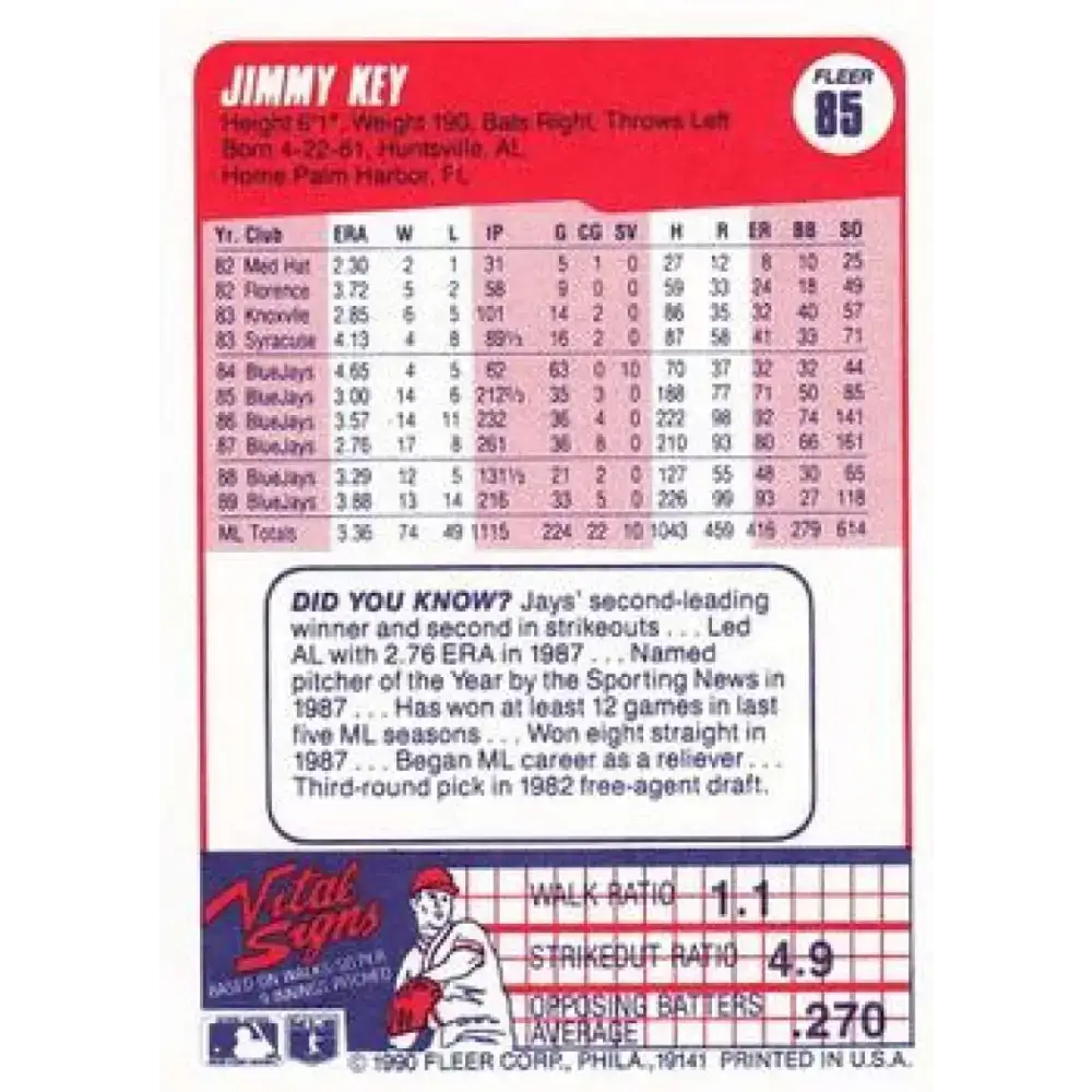 1990 Fleer #85 Jimmy Key NM-MT Toronto Blue Jays Baseball Card - Baseball Card Single
