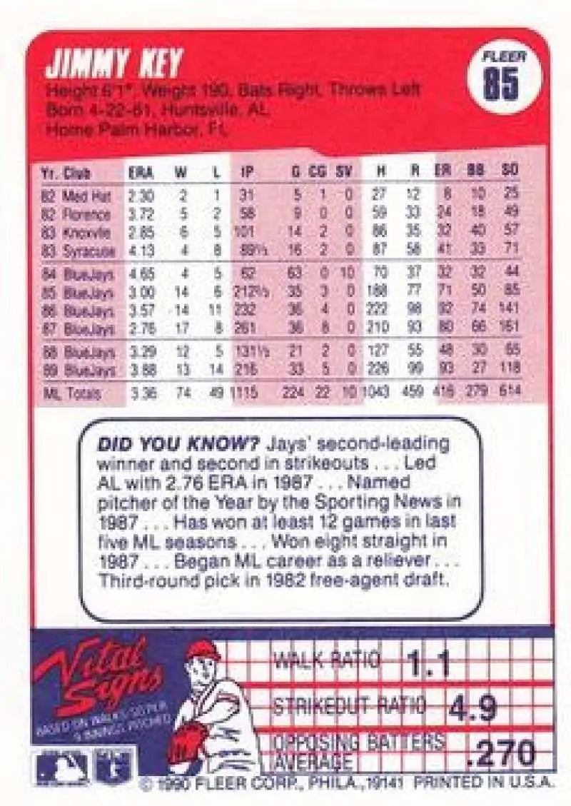 1990 Fleer #85 Jimmy Key NM-MT Toronto Blue Jays Baseball Card - Baseball Card Single
