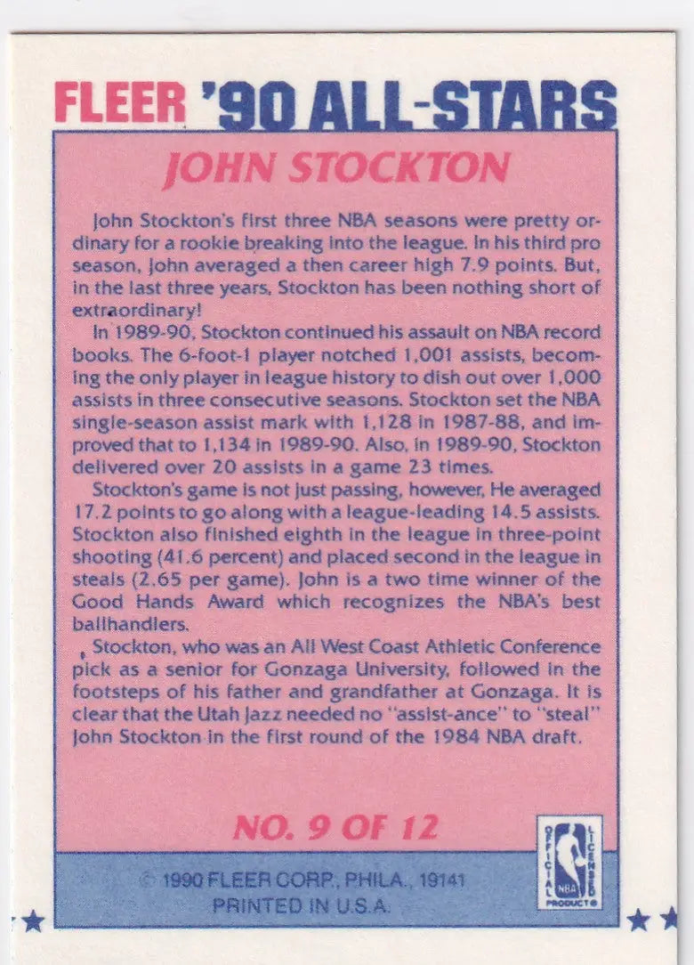 1990 FLEER #9 JOHN STOCKTON ALL STAR- UTAH JAZZ - Basketball Card Single