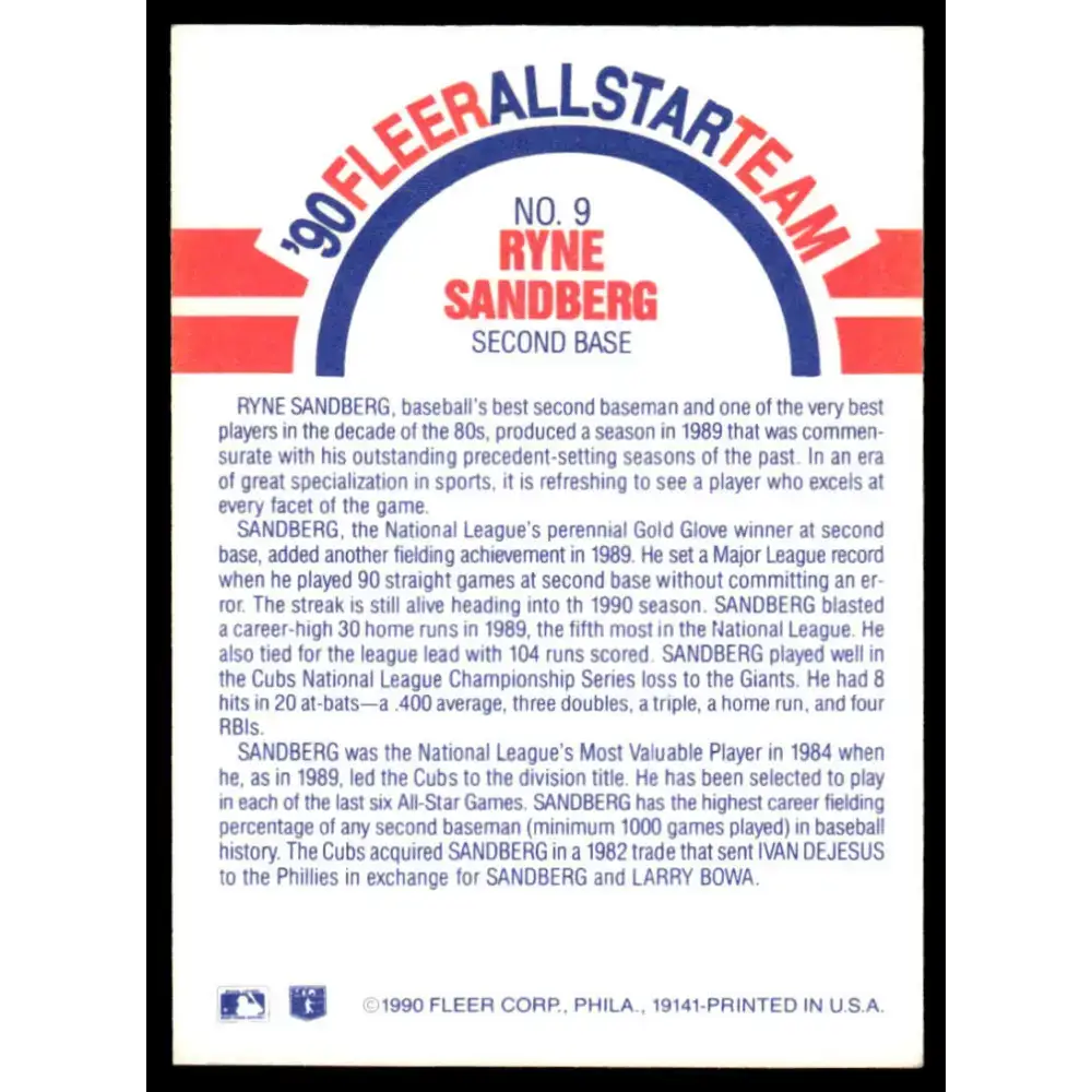 1990 Fleer #9 Ryne Sandberg EX Chicago Cubs Baseball Card - Baseball Card Single