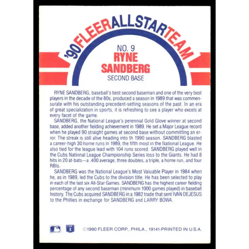 1990 Fleer #9 Ryne Sandberg EX Chicago Cubs Baseball Card - Baseball Card Single