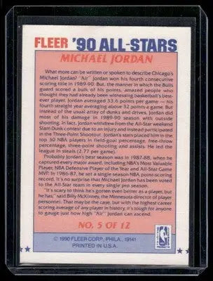Back of a 1990 Fleer All-Stars Michael Jordan basketball card featuring Michael Jordan