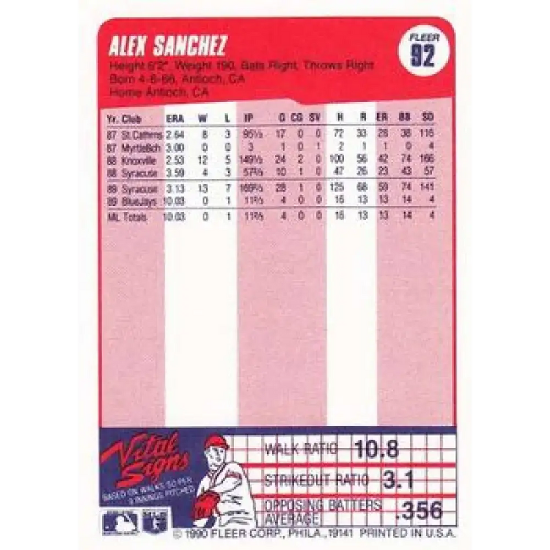 1990 Fleer #92 Alex Sanchez NM-MT Toronto Blue Jays Baseball Card - Baseball Card Single