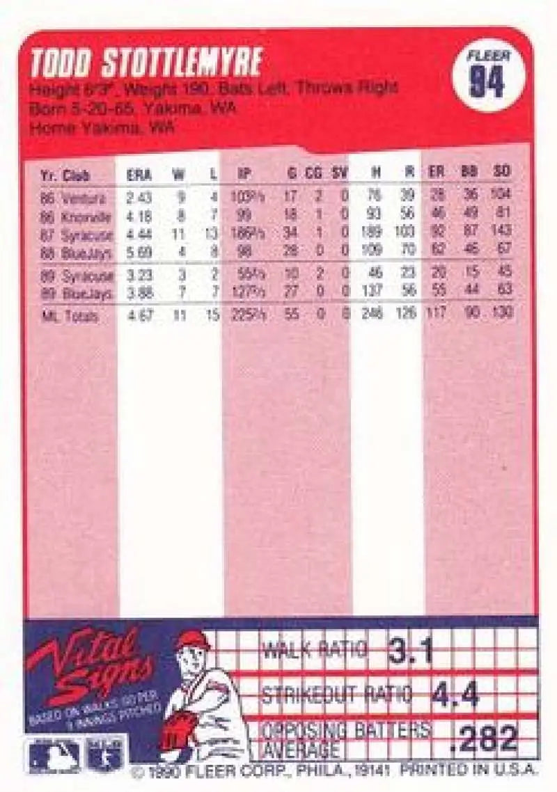 1990 Fleer #94 Todd Stottlemyre NM-MT Toronto Blue Jays Baseball Card - Baseball Card Single