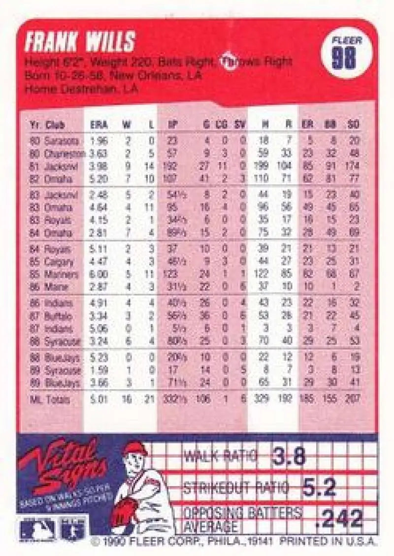1990 Fleer #98 Frank Wills NM-MT Toronto Blue Jays Baseball Card