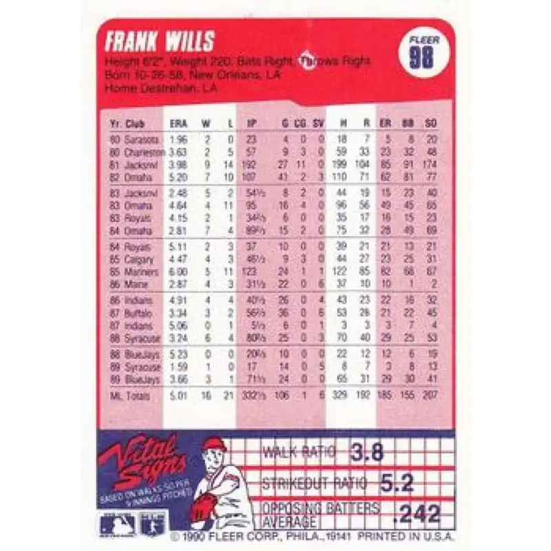 1990 Fleer #98 Frank Wills NM-MT Toronto Blue Jays Baseball Card - Baseball Card Single